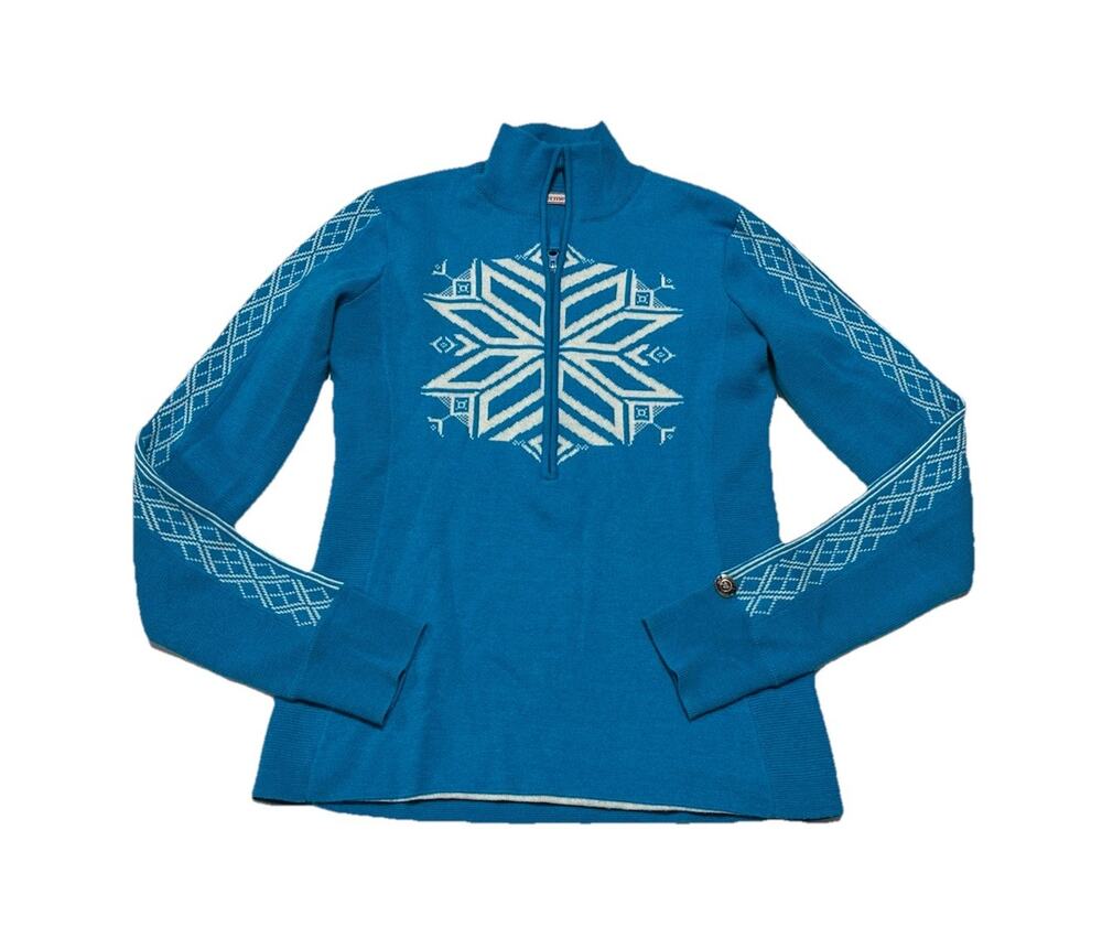 Obermeyer Women’s Winter Blue Snowflake Wool Blend 1/2 Zip Sweater Jacket Small